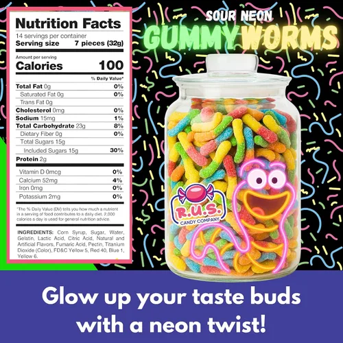 Miniatura 2 de Gusanos de gomita de neón ácidos, bolsa de 16 onzas, caramelos de gomitas ácidas picantes, gusanos de caramelo masticables sin gluten, gusanos