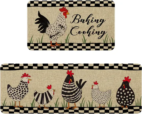 Miniatura 10 de Alfombras de Cocina Vintage Negras y Verdes Botánicas, Juego de 2 Alfombras de Cocina Antideslizantes Lavables, Tapetes de Cocina con Helechos