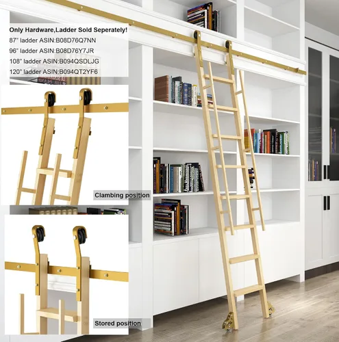 Miniatura 2 de DIYHD Kit de herramientas de escalera deslizante de 5 pies, sistema de pista rodante con rodillos de suelo de frenado, acabado dorado, escalera