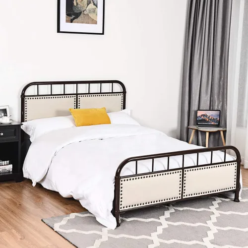 Miniatura 7 de Giantex Base de cama de metal, plataforma de cama de tamaño matrimonial con cómoda cabecera tapizada y estribo, soporte de listones antideslizantes