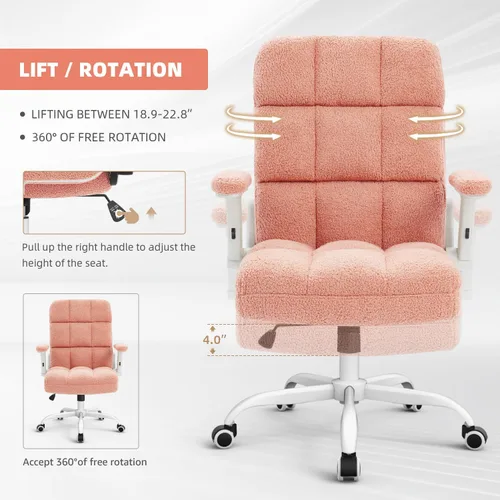 Miniatura 8 de SEATZONE Silla de oficina rosa ergonómica con ruedas, silla de escritorio para computadora de felpa sintética, silla de oficina cómoda para mujeres