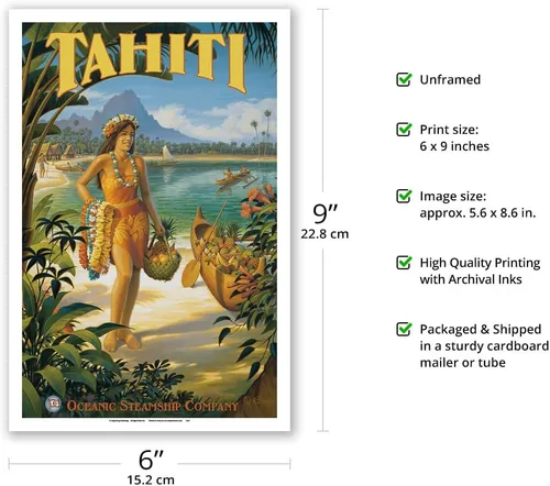 Miniatura 2 de Tahiti - Oceanic Steamship Company - Tahitian Native with Fruit and Flower Leis - Vintage Ocean Liner Travel Poster by Kerne Erickson - Master Art