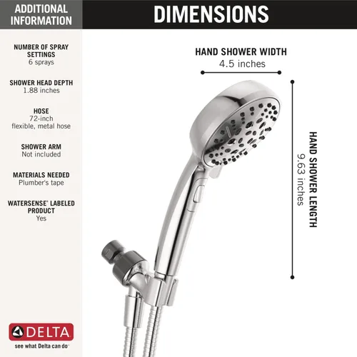 Miniatura 4 de Delta Faucet H2Okinetic - Cabezal de ducha de mano de 6 ajustes, ducha cromada con manguera, ducha de mano 1.75 GPM, cromo 75536