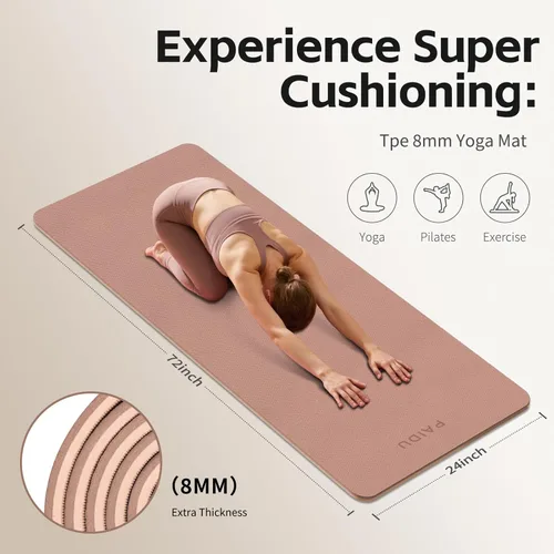 Miniatura 2 de PAIDU Yoga Mat 8mm Super Thick TPE Fitness Mat SGS Certified Non-Slip, Odorless & Tear-Resistant Unisex with Strap for Yoga, Pilates, Marrón