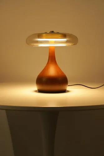 Miniatura 4 de Lámpara de mesa pequeña para dormitorio - lámpara de mesa con base de madera en forma de hongo lágrima, pantalla de vidrio ámbar, LED de tres