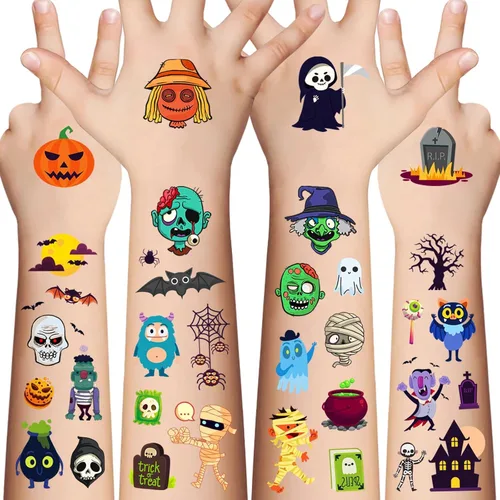 Tatuajes temporales de Halloween, 120 piezas de tatuajes falsos de Halloween Trick or Treats, regalos de fiesta de Halloween para varios regalos,