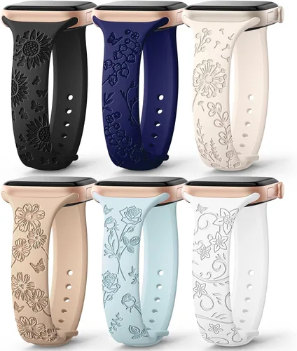 Miniatura 11 de AMSKY Paquete de 6 correas delgadas con grabado floral compatibles con Apple Watch Band 1.575 in 1.614 in 1.654 in 1.496 in 1.732 in 1.772 in 1.811