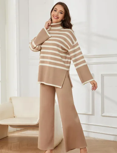 Miniatura 4 de Tanming Conjuntos de suéter para mujer, manga larga, a rayas, informal, de punto, pantalones de pierna ancha