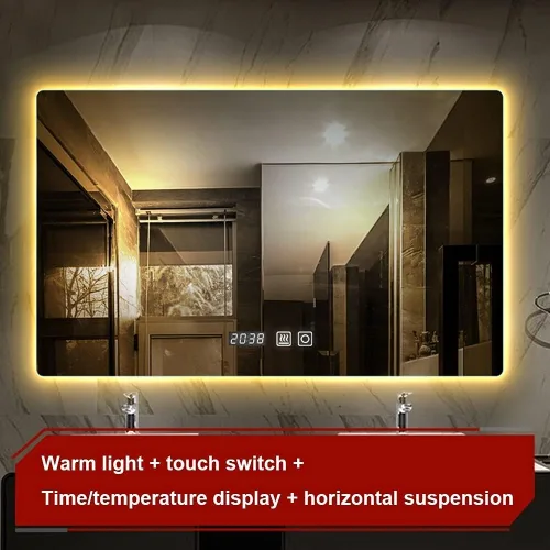Miniatura 3 de Espejo de maquillaje rectangular sin marco, espejo de baño LED de tacto inteligente, luz cálida, espejo de pared horizontal/vertical, pantalla