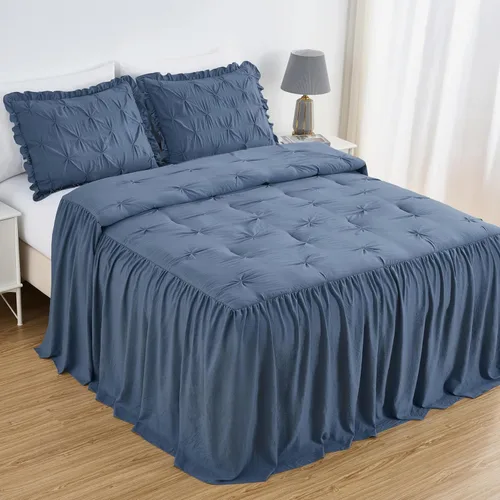 Miniatura 2 de Chezmoi Collection Aria - Juego de colcha plisada de 3 piezas con falda con volantes – French Country Chic Farmhouse – Matrimonial, color azul Azul