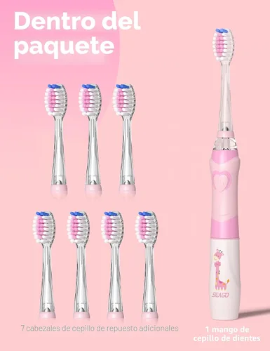 Miniatura 5 de SEAGO Cepillo de dientes eléctrico para niños con temporizador de 2 minutos de cepillado y 8 cabezales de repuesto, luz LED arcoíris para hacer que