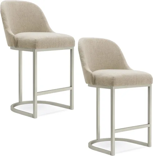 Miniatura 11 de Leick Home 10133PW/OL Taburete de bar con base de metal, juego de 2, para encimeras de cocina elevadas, mesas altas y bares, asiento moderno de lino