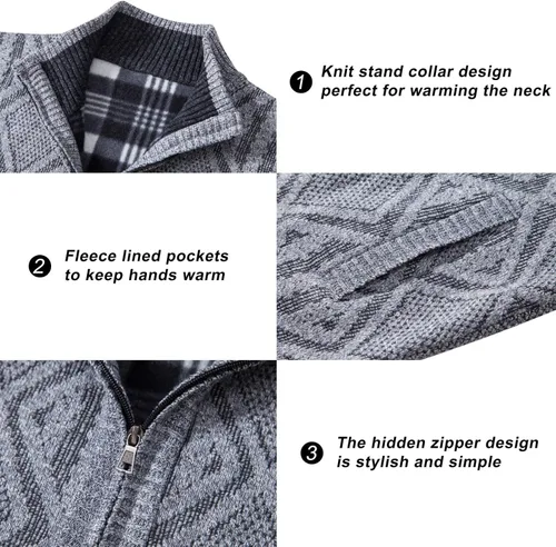 Miniatura 62 de VtuAOL Suéteres tipo cárdigan para hombre, con cremallera completa, cuello alto, cárdigan de punto casual con bolsillos