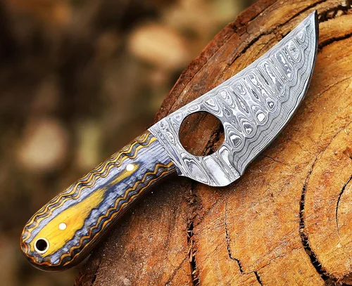 Miniatura 8 de Ancilla - Cuchillo de caza de Damasco hecho a mano para EDC, camping, venado, cuchillo de bolsillo mini con tanga completa, hoja fija, estilo Exotic