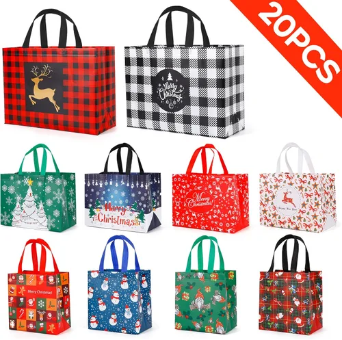 Miniatura 3 de YANGTE Paquete de 20 bolsas de regalo de Navidad de varios tamaños, bolsas reutilizables con asa, incluye 4 grandes 8 medianas 8 pequeñas bolsas