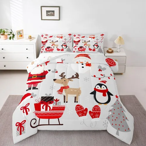 Erosebridal Lindo juego de edredón de pingüino de dibujos animados, ropa de cama de Feliz Navidad, tamaño individual, regalos de Papá Noel, juegos
