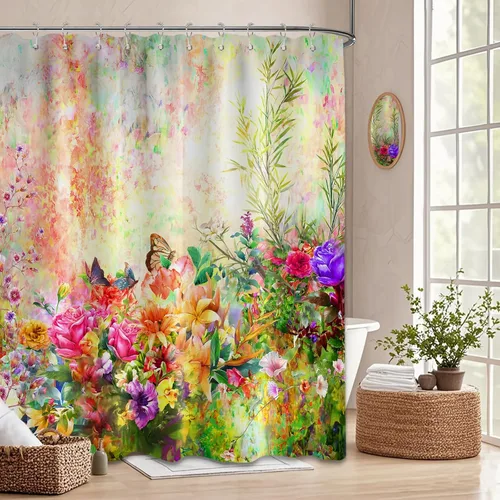 Cortina de ducha floral para primavera y verano, flores silvestres, flores y mariposas, decoración de baño, tela impermeable con ganchos, 70
