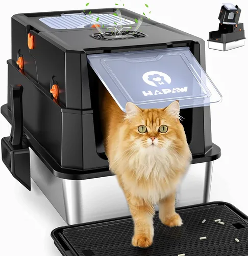 Caja de arena de acero inoxidable con tapa, caja de arena metálica cerrada anti-fugas, bandeja de arena para gatos extra grande con tapa abatible y