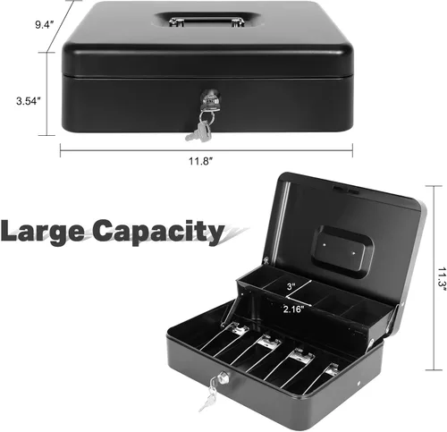 Miniatura 6 de Caja de efectivo con llave de bloqueo y bandeja de dinero, caja de dinero grande para caja registradora, caja de metal para dinero segura de 11.8 x