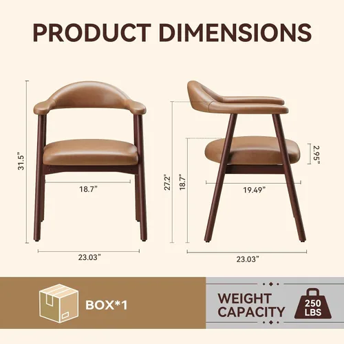 Miniatura 2 de MALOL Juego de 2 sillas de comedor de cuero con reposabrazos, silla de comedor tapizada con respaldo curvado y patas de madera, sillas de cocina