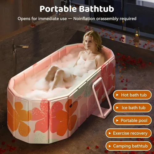 Miniatura 4 de Bañera Plegable Portátil, Bañera Independiente Sin Instalación, Bañera de Remojo SPA para Baño, Cabina de Ducha Plegable para Baños Calientes y Rosa