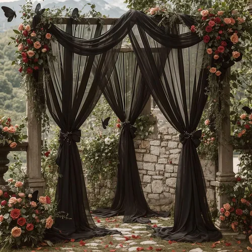 Miniatura 6 de Tela drapeada para arco de boda, 1 panel de 18 pies, cortina de telón de fondo transparente negro de gasa para boda, arco, ceremonia, cenefa