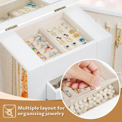 Miniatura 4 de Emfogo Joyero para mujer, joyero de madera grande de 5 capas y organizadores para collares, aretes, anillos, pulseras, caja organizadora de joyas