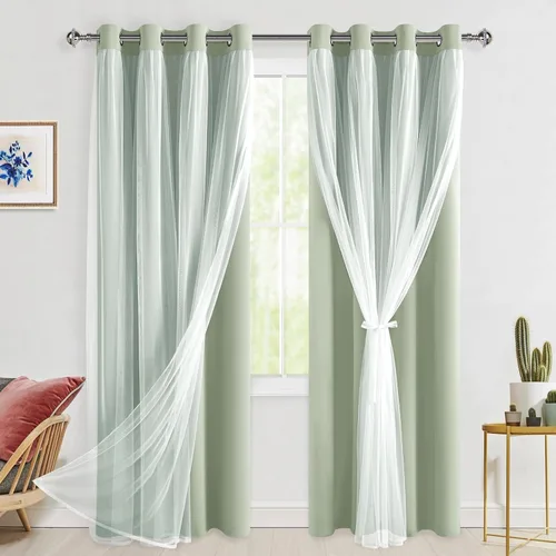 Miniatura 23 de Hiasan Cortinas opacas con superposición transparente, aislamiento térmico para mezclar y combinar de doble capa, cortinas de oscurecimiento de Beige