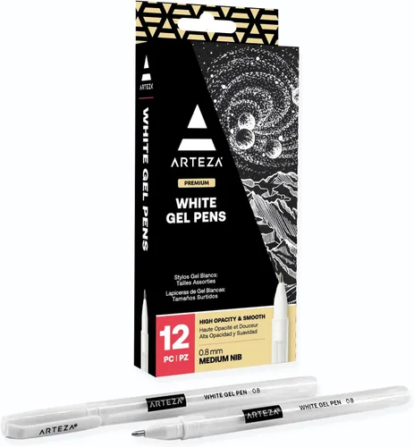 ARTEZA Bolígrafos de gel blancos, juego de 12 bolígrafos de punta redonda para dibujar, resaltar y escribir, tinta opaca para papel negro y