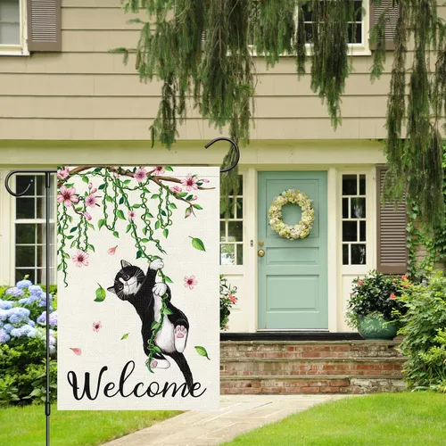 Miniatura 3 de Louise Maelys Bandera de jardín de gato negro de primavera de 12 x 18 pulgadas, doble cara, arpillera pequeña flor floral para patio, exterior