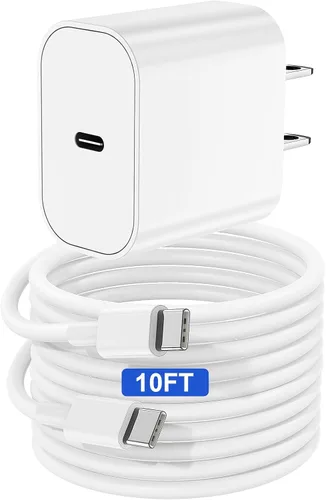 Cargador y cable largo de 10 pies tipo C a C para iPhone 17 16 15, bloque de carga rápida de pared USB C de 20 W, adaptador de corriente en forma de