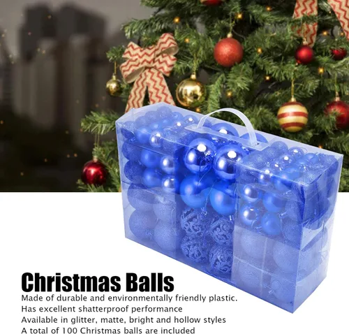 Miniatura 7 de Juego de 100 adornos de bolas de Navidad, decoraciones colgantes de temporada, bolas de Navidad de plástico inastillables, juego a granel para Azul