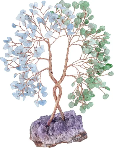 mookaitedecor Árbol de cristal de aventurina verde natural y aguamarina con base de racimo de amatista, árbol del dinero de la vida adorno para