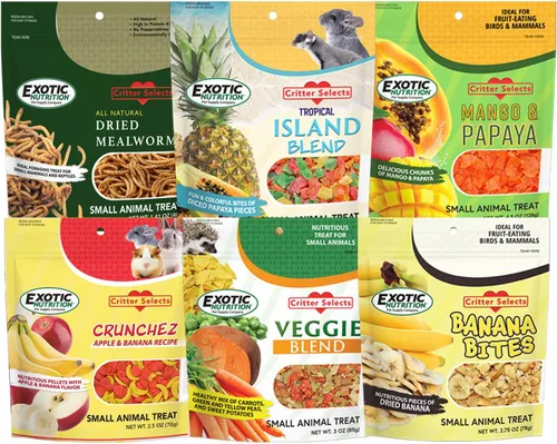 Surtido de 6 golosinas para mascotas con mezcla de frutas secas, insectos secos y otros crujientes - Para planeadores de azúcar, erizos, ardillas,