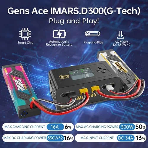 Miniatura 3 de Lipo Cargador de batería, cargador Gens Ace IMARS D300 G-Tech Series Smart Dual Lipo Balance Charger AC 300W DC 700W (350W* 2) 16A RC Cargador