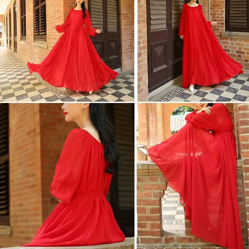 Miniatura 4 de BUENOS NINOS Vestido largo de gasa con cuello redondo y manga larga para mujer con cinturón