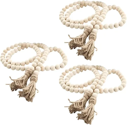 Sivya - 3 guirnaldas de cuentas de madera con borlas de estilo rústico, decoración de paredes y bandejas de estilo rústico (color madera natural, 58