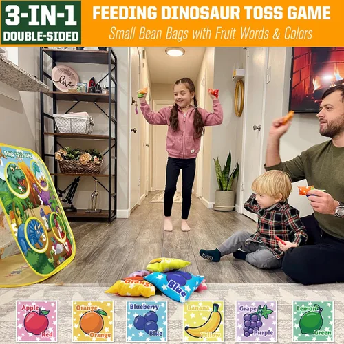 Miniatura 2 de RaboSky 3 en 1 Juego de lanzamiento de dinosaurio para niños con 6 bolsas de frijoles de frutas, 2 hachas de lanzamiento, 6 bolas adhesivas