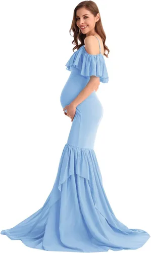 Miniatura 16 de MYRISAM Vestido de maternidad con volantes y hombros descubiertos para mujer, vestido de fiesta de sirena de gasa, vestido ajustado