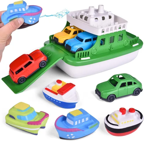 Ferry Boat - Juguete de baño con mini coches, juego de agua flotante con chorros de barco para niños de 1 a 3 años y niños de 4 a 8 años