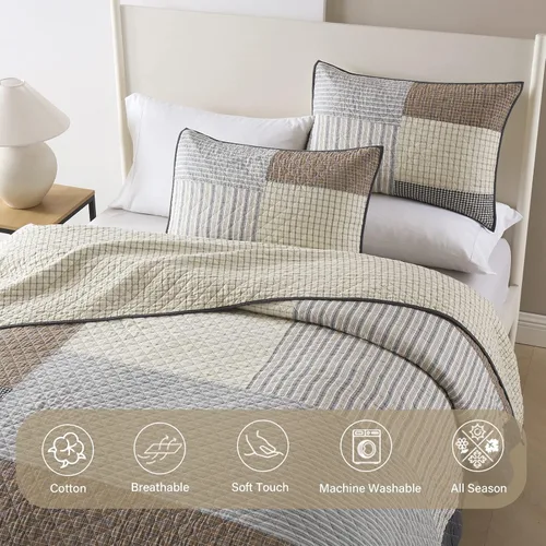 Miniatura 4 de Finlonte Colcha Tamaño King 100% Algodón Ligera Suave Colcha King de Patchwork Real a Cuadros Acolchada Cubrecama Marrón Beige Gris Colcha
