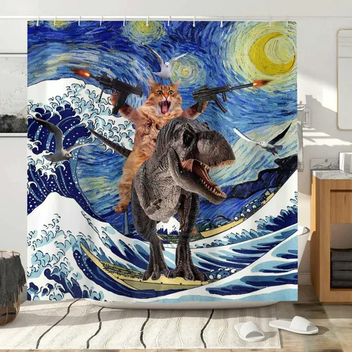 Miniatura 4 de Divertido juego de cortina de ducha con diseño de gato, dinosaurio japonés con ondas oceánicas, cortinas de baño divertidas para niños, decoración