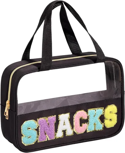 Miniatura 19 de BuyCard Bolsas de Viaje Transparentes con Parche de Letra de Chenilla, Bolsa de Maquillaje Preppy de PVC y Nylon con Asa y Cremallera, Bolsa
