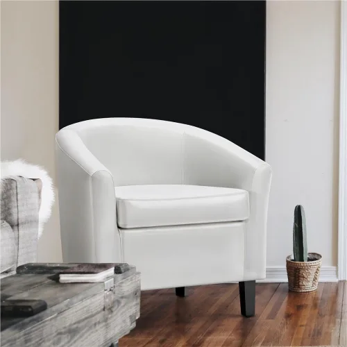 Miniatura 4 de Yaheetech Silla decorativa, sillón de piel sintética, tumbona con acolchado suave y patas de madera para sala de estar, color blanco, juego de 2