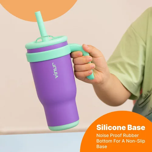 Miniatura 6 de VINUR Vaso para niños con asa - 14 oz de acero inoxidable con aislamiento al vacío de doble pared con tapa y pajita, vaso de agua de viaje