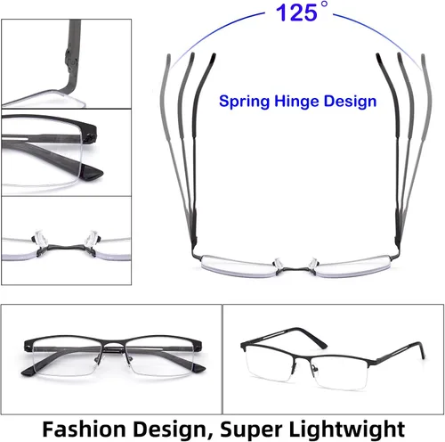Miniatura 3 de HIGHLIKE Gafas de lectura con luz azul para hombre, lentes de lectura de medio marco de metal, bisagra de resorte, lentes transparentes con bolsas