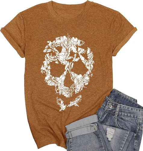 Camiseta divertida con estampado de calavera Skelenton para mujer, diseño vintage, lindo estampado, ajuste holgado, manga corta