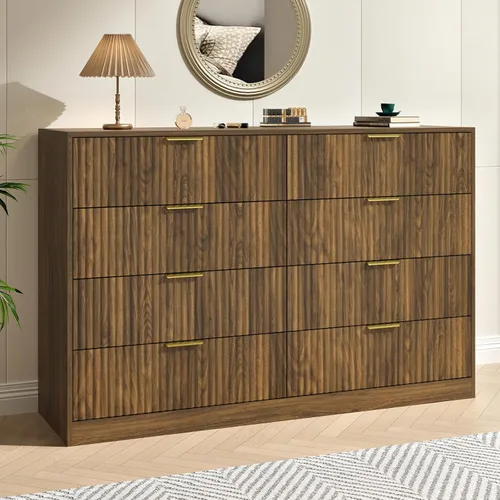 Miniatura 8 de Cómoda negra con 7 cajones, cómoda acanalada de 55 pulgadas de ancho para dormitorio con mango de metal, cómoda, soporte de TV de madera para Negro