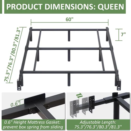 Miniatura 2 de Marco de cama de metal Queen de 7 pulgadas, base de cama de plataforma baja y resistente, tamaño Queen para somier y colchón, fácil montaje, sin