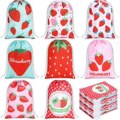 Kajaia 24 bolsas de regalo con cordón de fresa a granel de 7.1 x 5.1 pulgadas, pequeñas bolsas de poliéster para dulces, bolsas de regalo de fresa
